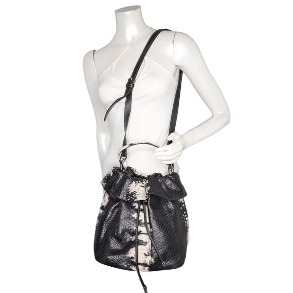 LUXURY Silvano Bagini Python Leather Drawstring Bucket Bag Handbag Black White - Picture 5 of 16
